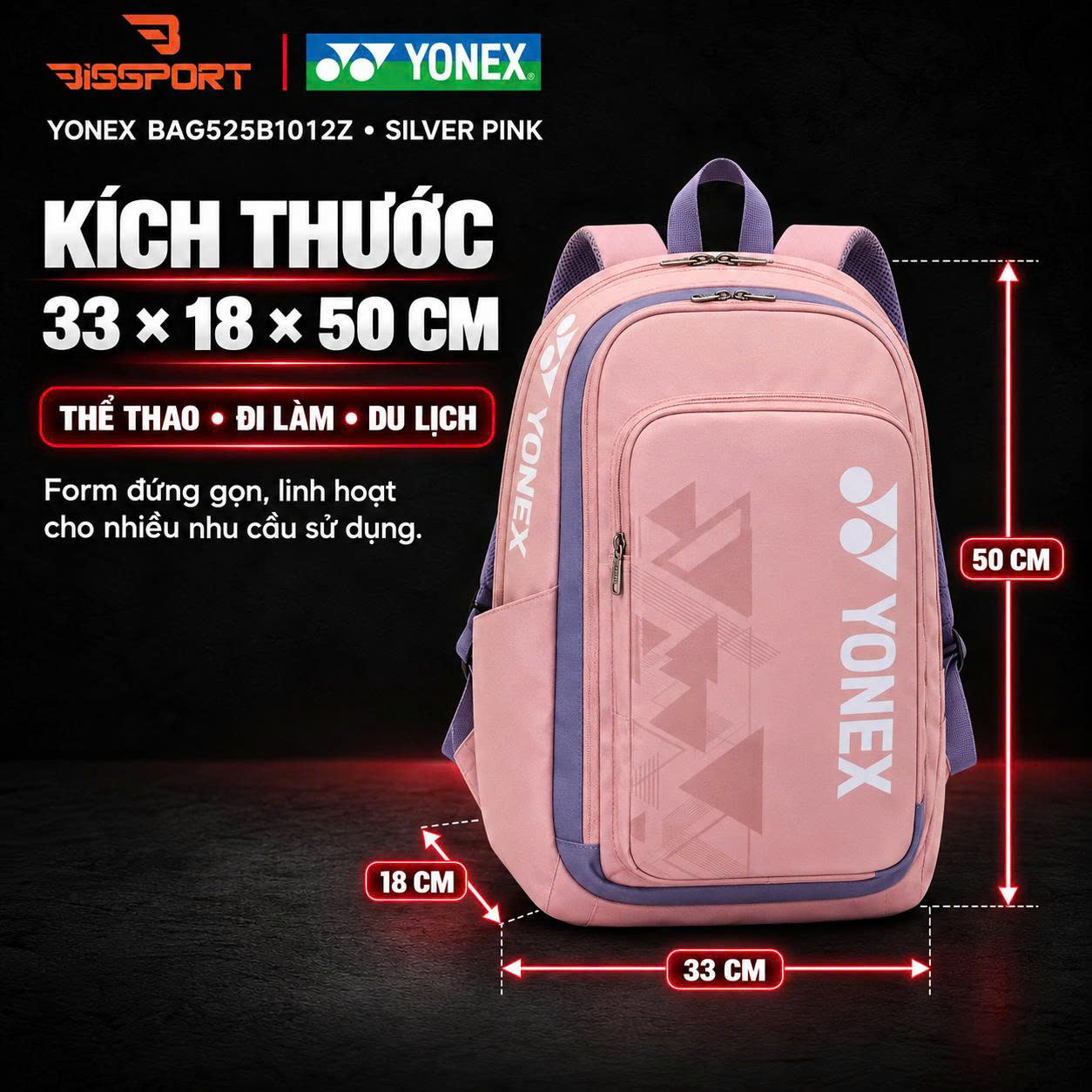 Balo Cầu Lông Yonex BAG525B1012Z SILVER PINK Chính Hãng - Tiện Dụng - Bền Bỉ - Chắc Chắn - Nhẹ - Đa Năng